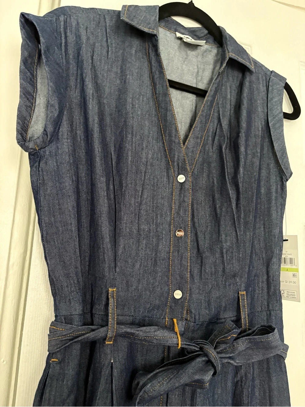 NWT DKNY Dark Wash Denim Belted Jumpsuit Size 4